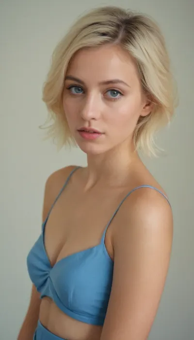 Jeune femme de 33 ans. Croate. Blonde au yeux bleu claire. Elle porte un jolie Jupe courte. Un top avec épaules dénudées. Elle est habillée classe. Beaucoup décolleté ouvert