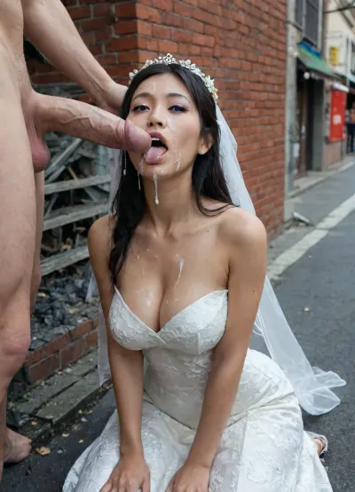open mouth, orgasm look, kneeling outside in the street cafe, (beautiful Asian bride:1.5), (traditional Chinese bride costume:1.8), purple lipstick, golden blue eyeshadow, light golden eyes, purple eyeliner, long pigtails, cock sucking, cock licking with her tongue, cum runs out of mouth, cum bursting out of dick, tongue sticking out, oral cumshot, (exploding cumshot:1.5), projectile cum, cum on tongue, (giant ejaculating cock:1.5), (massive cumshot:1.8), fullbody, low angle view, (face and hair cum covered:1.8), clothes cum covered, nice natural breast, (ejaculating giant penis:1.4), bukkake, facial