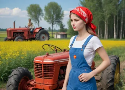 ((soviet propaganda poster style, bright solid colors, minimal detail, no color gradient, old anime style, low details)), in kolkhoz fields, in front of old tractor, hard body russian village girl, about 20 year old, short flower print sundress, white kerchief on head, talking to fellow in cap and overalls
