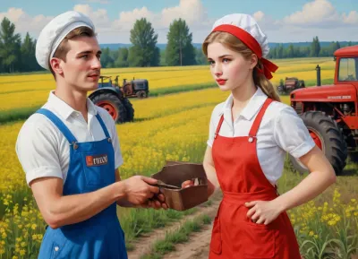 ((soviet propaganda poster style, bright solid colors, minimal detail, no color gradient, old anime style, low details)), in kolkhoz fields, in front of old tractor, hard body russian village girl, about 20 year old, short flower print sundress, white kerchief on head, talking to man who wears cap and overalls