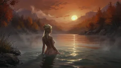 (Vex from Skyrim, naked, mature 40 year old, scandinavian, long blonde hair, very small breasts, skinny body), (bathing pose in a big lake, hands behind head, watery body, breasts not visible, autumn, orange sunset), (close back view above waist, looking away face not visible), (artwork, digital painting, fantasy art, loading screen art style), <lora:SumTim:.1>, <lora:J_cartoon:.1>, <lora:Sinister_Style_SDXL:.1>, <lora:EnvyAnimeDigitalPaintingXL01:.1>
