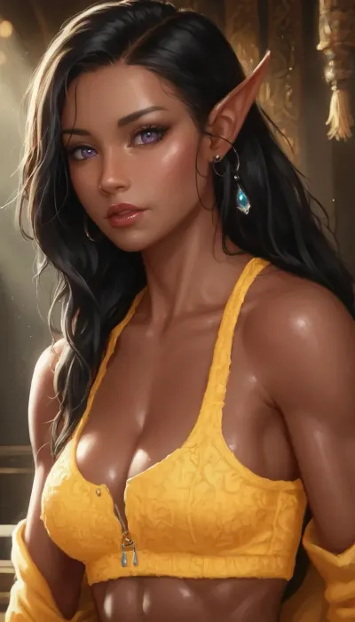 1character, lone casual clothed ebony-elf!, (long elf ears), dark ebony skin, dark brown skin, prominent swell of cleavage, very dark skin, sexy, long legs graceful athletic, hard abs, broad shoulders, muscled legs, wearing ripped blue-jeans and yellow-turtleneck wool, (perfect large symmetrical eyes), (purple eyes), half body & Face, (photorealistic art by Randy Vargas, KyuYong Eom, Anato Finnstark, Bayard Wu, Diego Gisbert Llorens, Marc Simonetti concept art, on DeviantArt, Artstation), (), (ultra-detailed, intricate shadows, long smooth hair, hd 8k, God rays, photorealistic, hyper-realistic photograph), HDR, 32K