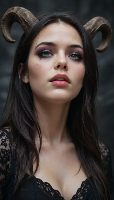 (full-body view:1.8), Pale-skinned demon girl, iridescent coloring, holographic effect, risqué black lace blouse with a chromatic sheen, very deep neckline, large lace details, Gothic background, (long straight horns:1), beautiful mixed-race girl, highly detailed face, ample bust, lovely face, small nose, large mouth, full lips, defined cheekbones, (makeup:1.5), voluminous hair, black hair, ultra-detailed image., <lora:xl_yamer_style-3.0:1.3>, <lora:SDXL_Black_Sa_May:.8>, <lora:EnvyZoomSliderXL01:1.8>