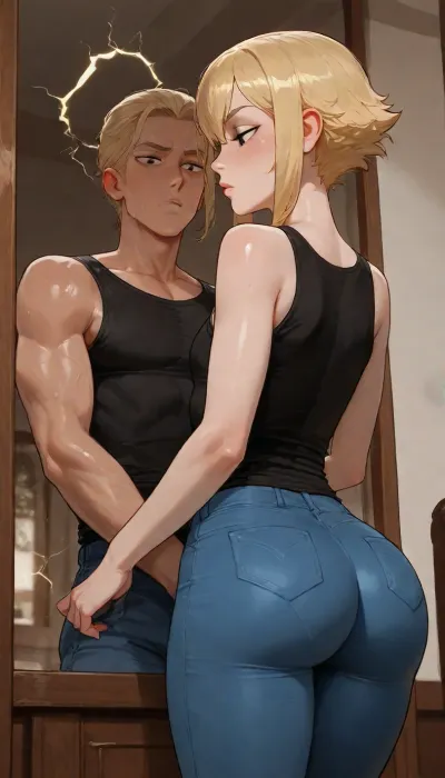BNHA, (MHA), Hero Prodigy gets a Femboy System, 1boy, Nao Ichijo, age 18, handsome Masculine face, Masculine shoulders, masculine Toned arms, masculine Toned legs, masculine athletic legs, masculine Toned ass, wearing black shirt with blue jeans, His blonde hair so pale it shimmered near silver and his face both sharp and delicate with Black eyes gleamed beneath furrowed brows and His slender frame petite, with just a hint of muscle—strained against the black shirt and slacks clinging to his sweat-damp skin, a spark of electricity that came from his fingertips, standing Infront of a mirror, (looking at his own reflection), reflection is showing feminine Nao Ichijo, 1femboy, beautiful Feminine face, Feminine shoulders, flat chest, feminine Petite arms, feminine Slender legs, feminine Round ass, His short blonde hair so pale it shimmered near silver and his face both sharp and delicate with Black eyes gleamed beneath furrowed brows and His slender frame petite, visible penis bulge. incase style, (Cartoony), incase, style, <lora:SDXL_oral_v1-000009:1>, <lora:bimboxl_02:.5>, <lora:Incase_Style__SDXL:.4>, ac_neg1