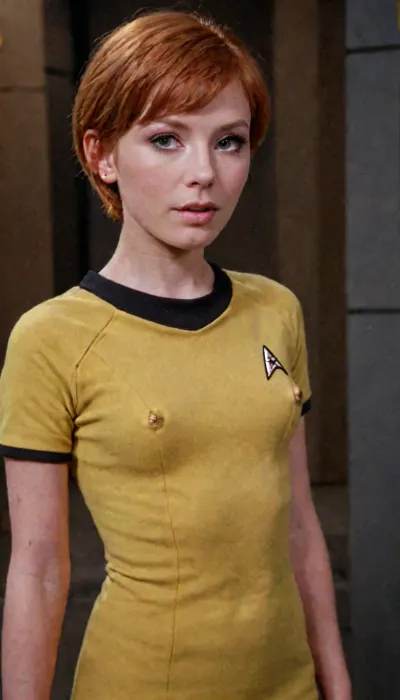 Super Sexy, young, ginger hair, pixie cut cosplay as Star Trek uniform. flat breasts, startrektos, dress, tiny petite girl. Petite, boy chest., flat, chested, Yellow Cadet uniform. no tits. low cut top, <lora:TOSXL-000040:.8>, <lora:ahxl_v1:.8>, <lora:flat_chested_v3.5:.8>