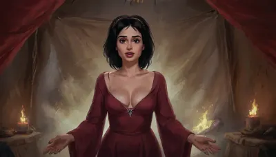 (one woman, french, mature 40 year old, black medium hair, small breasts, head circlet, sensual smile), (standing inside enclosed medieval brown war tent), (wearing burgundy medieval dress, open cleavage pulled down exposings breasts with hands, squeezing breasts), close view above waist, (artwork, digital painting, fantasy art, loading screen art style), <lora:SumTim:.1>, <lora:J_cartoon:.1>, <lora:Sinister_Style_SDXL:.1>, <lora:EnvyAnimeDigitalPaintingXL01:.1>