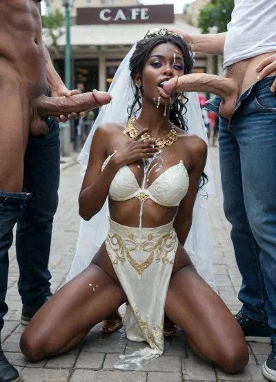 (3boys staying around:1.5), open mouth, orgasm look, (kneeling outside in the street cafe:1.8), (beautiful African bride:1.5), (traditional African bride costume:1.8), purple lipstick, golden blue eyeshadow, light golden eyes, purple eyeliner, long pigtails, cock sucking, cock licking with her tongue, cum runs out of mouth, cum bursting out of dick, tongue sticking out, oral cumshot, (exploding cumshot:1.5), projectile cum, cum on tongue, (giant ejaculating cock:1.5), (massive cumshot:1.8), fullbody, low angle view, (face and hair cum covered:1.8), clothes cum covered, nice natural breast, (ejaculating giant penis:1.9), bukkake, facial