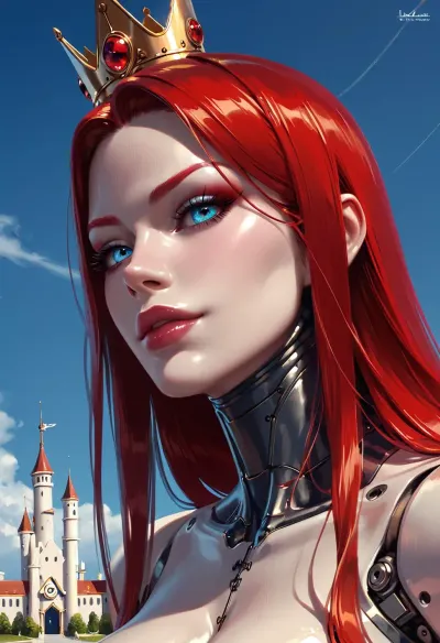 3/4 body view, one giant robotic cyborg-Queen centered in a miniature scenery, Insanely detailed, she is a gigantic queen and wears the very small castle as crown on her head, (she wears Neuschwanstein-castle as her crown), detailed texture, giant, close up, very busty and gigantic robotic female sculpture wearing a detailed neuschwanstein-castle on her head, clothing, (giantess), full body photo, plasma and wires inside the body, a robot skeleton, mechanical organs, implants in the head, wires and tubes with plasma from the skull, full body view，full body view, large area as background, her bodyshape is much bigger then mountains, photo captured by DSLR camera, ULTRA HD, extreme realism, 8k, mesogts, macrogts, <lora:sexmachine_XL_0_:.6>, <lora:PAseer-SDXL-Transparent Robot:.7>, <lora:ByteBlade:.8>, <lora:odinTurnXL_v1:.5>, <lora:Giantess_World_XL:.8>