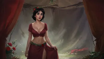 (one woman, french, mature 45 year old, black medium hair, small breasts, flower wreath, sensual smirk), (standing inside enclosed medieval brown war tent), (wearing burgundy medieval dress, open cleavage pulled down exposing breasts, grabbing breasts with hands), daytime, grasslands, close view above waist, (artwork, digital painting, fantasy art, loading screen art style), <lora:SumTim:.1>, <lora:J_cartoon:.1>, <lora:Sinister_Style_SDXL:.1>, <lora:EnvyAnimeDigitalPaintingXL01:.1>