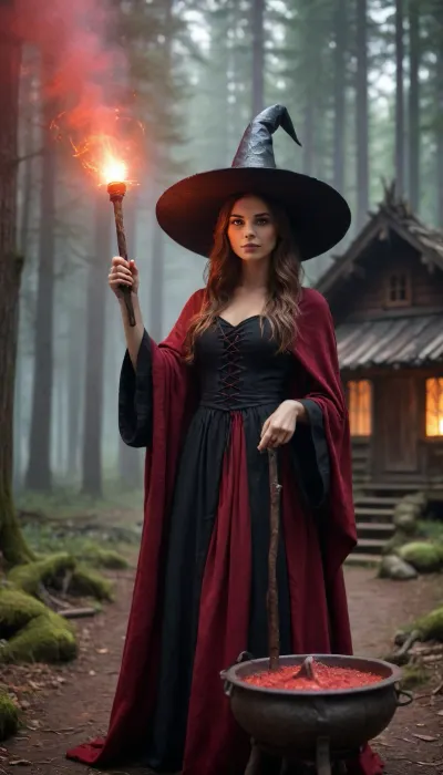 High fantasy witch in black robe and pointed hat and magic wand in hand, standing in front of an ancient wooden hut deep in an enchanted forest, preparing a glowing red demonic potion in a large iron cauldron, glowing particles and sparks, swirl of red mist around her, mystical fog between the trees, ethereal atmosphere, dramatic cinematic lighting, highly detailed, sharp focus, epic fantasy art