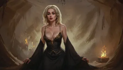 (one woman, yellow skin, mature 40 year old, golden hair, very small breasts, sleepy eyes. seductive smirk), (standing inside enclosed medieval beige war tent), (wearing dark medieval ornamental dress, open cleavage pulled down exposings breasts with hands), close view above waist, (artwork, digital painting, fantasy art, loading screen art style), <lora:SumTim:.1>, <lora:J_cartoon:.1>, <lora:Sinister_Style_SDXL:.1>, <lora:EnvyAnimeDigitalPaintingXL01:.1>