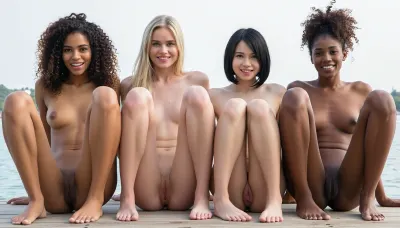 A group of four young totally nude women are sitting side-by-side on a wooden platform near a body of water. They are all facing forward and smiling at the camera. Each woman has planted her feet on the ground, her legs are open wide, revealing her vagina, lift their lower body in the air. The women appear to be in good spirits. The lighting is bright, suggesting an outdoor setting during the day., (a Caribbean beauty with curly hair, a slender Swede with blonde long hair, a Japanese woman with bob cut, and an sweet kenyan beauty with afro hair)