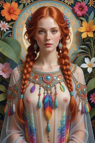 beautiful redhead woman wearing fantastic hand-dyed translucent see though cotton robes, embellished beaded feather decorative fringe knots, colorful pigtail, subtropical flowers and plants, symmetrical face, intricate, elegant, highly detailed, 8k, digital painting, trending on pinterest, harperâs bazaar, concept, art, sharp focus, illustration, Tom Bagshaw, Lawrence Alma-Tadema, Alphonse Mucha