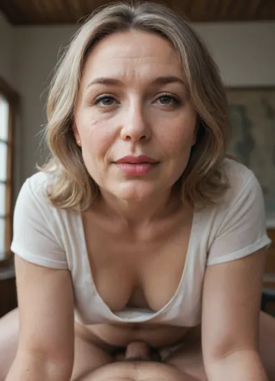 60-year-old Russian woman, small saggy breasts, (mature faces:1.8), (detailed face:2), (chubby:1.9), (small natural round breasts), (mature:1.8), white skin, big brown eyes, long straight blond hair with brightblond strains, wide hips, medium bellies, birthmarks, wrinkled face, fat arms, wrinkled face and body, (blonde), lovehandles, dark public hair, innie pussie, she is laying on her back, her head towards viewer, intense upside-down throat-fucking scene on desk edge. The subject composition centers on a woman lying on her back on a desk, dangling—head hanging off desk board upside down, mouth stuffed full with dominant man‘s cock thrusting deep into her bulging throat, eyes rolled back in effort. Her hair is loose, framing her face, which shows an expression of intense focus or pleasure. She is topless. Her big natural tits are visible. The man, partially visible, wears a dark t-shirt and light-colored pants, his penis as it penetrates her mouth deeply, intense mouth fucking. The lighting is bright and natural, likely from a window in the background, casting soft highlights on the skin and creating a realistic, high-contrast effect. The background is softly blurred, suggesting an indoor setting with wooden flooring and a window, keeping the focus on the central action. The image has a raw, unfiltered aesthetic, with a shallow depth of field and a slightly grainy texture, emphasizing realism and immediacy. The technical style is reminiscent of candid photography, capturing a private moment with a sense of urgency and intimacy.