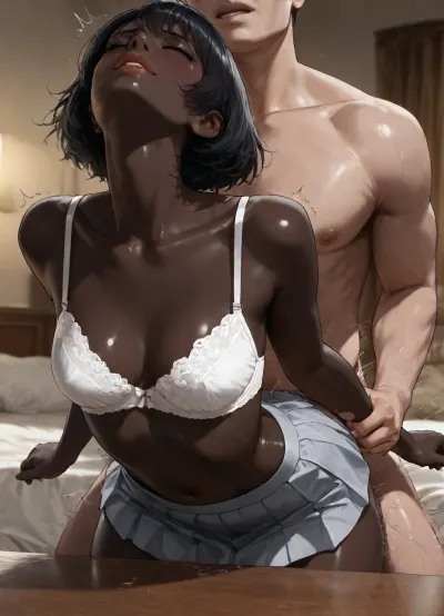photorealistic, innocent, sexy, (enjoying being fucked from behind by a white man:1.8), creampie. Impregnated., (face like Audrey Hepburn:1.2), (Telugu:.9), (very dark black skin:1.2), (white blouse, white bra, Grey pleated skirt), (long black hair:1.2), small breasts, moaning, orgasm, pubic hair, darkness, trembling, <lora:dark:.8>