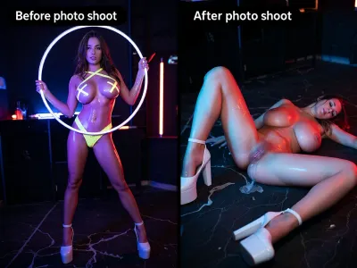score_9, score_8_up, score_7_up, (same 33yo cheating woman with long hair brunette, two pictures), left picture show a full body shot of an extremely sexy and erotic 33 yo woman in a completely pitch-black room, only illuminated by intense UV blacklight and vibrant neon LED lights, deep darkness everywhere except the glowing neon sources, her skin glowing with purple magenta blue pink purple green and red reflections from the neon, holding a large glowing multicolored neon hula hoop in front of her body with both hands, framing her torso, wearing a glowing yellow micro high-cut thong that shines brightly under the UV light, yellow X-shaped glowing pasties covering her nipples and white high-heeles platform shoes, her massive heavy breasts pressed against the hoop, seductive pose, soft wet shiny skin, erotic atmosphere, cyberpunk neon glow, dark background with abstract neon lines and vertical orange red light tube, dramatic UV lighting only, no other light sources, on top is a black text box reading "Before photo shoot", on right picture same woman lying sleeping exhausted on the floor of the pitch-black room always illuminated by UV blacklight and vibrant neon LED lights with her very huge heavy massive breasts and flat stomatch, only show pussy and legs, her legs are very wide open, her arms are spreaded from the floor of the pitch-black room, on top is a black text box reading "After photo shoot", her pussy is leaking white and thick cum, her head is tilted back to her neck, her head tilts downwards from the on floor of the pitch-black, no face, after brutal sex, her heavy stretched pussy is full of cum, cum on legs, her micro high-cut thongg is pulled down to her ankle, white high-heeles platform shoes, (woman with wide-set splaying outward 34H+ heavy massive breasts), oversized large dark areolae and severe breast ptosis, pierced nipples, pierced navel, pierced clitoris, perfect body, perfect hands, perfect 5 fingers, perfect legs, perfect feet, perfect face, perfect mouth, perfect eyes, generate 8k detailed picture, high res, TTSR2, enhancement, improve rendering quality and accuracy, ultra-realistic with high detail, high detail, maximum resolution, best photo quality, improve anatomy, improve generation quality, Djaissy, improve detailed image quality, sharp image, lifelike texture, NSFW picture