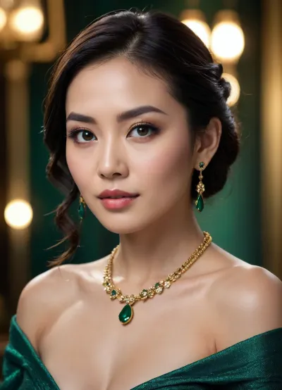 Close-up portrait of an Asian woman with smooth black hair cascading elegantly over her shoulders, wearing a luxurious off-shoulder top in deep emerald green. Her mesmerizing eyes, accentuated by subtle smoky eye makeup, draw the viewer in. Adorned with intricate gold and diamond jewelry highlighting her neckline and ears. Soft, warm lighting enhances her flawless skin tone, creating gentle shadows to add depth. The background is a blurred gradient of dark jade and gold hues, emphasizing elegance and sophistication in a modern, high-fashion style.