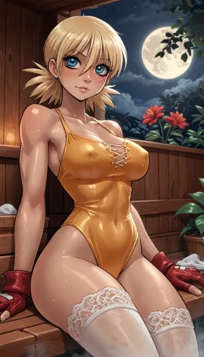 (innv meets jack cayless style), (reiq style, masterpiece, cel-shaded, limited color palette), ((Beautiful Muscles Sexy Seras Victoria from Hellsing anime body:1.4)), ((nighttime, full moon, sauna, Bloodstain, steam, summer, beach, tropical, flowers, plants, background)), (1girl, solo, alone, 21 year old woman), (fairly blonde hair cut into a flare cut), (blue eyes), (gorgeous, seductive face, perfect ads, perfect big breast, muscles are well defined, muscular body, muscular arms, perfect hands, muscular legs, big ass, sweaty body), (tight yellow crisscross one piece swimsuit:1.4), (wearing sunglasses), (long white laced crisscross one piece swimsuit stockings), (white laced summer gloves), (tall lace summer heel), (laying down sexy posing sunbathing pose), ultraviolet light, LoL, Style, serasvictoria, tan, seras, victoria, hair, over, one, eye, blue, /, red, eyes, military, uniform, yellow, shirt, gloves, skirt, white, thighhighs, belt, <lora:LCMTurboMix_Euler_A_fix:2>, <lora:mk_Bp Anime_xl:2>, <lora:EnvyBeautyXL02:2>, <lora:SerasVictoriaXLLoRAversion10:2>, <lora:hellsing_serasvictoria_xl:2>