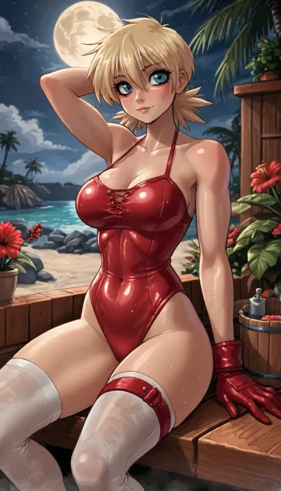 (innv meets jack cayless style), (reiq style, masterpiece, cel-shaded, limited color palette), ((Beautiful Muscles Sexy Seras Victoria from Hellsing anime body:1.4)), ((nighttime, full moon, sauna, Bloodstain, steam, summer, beach, tropical, flowers, plants, background)), (1girl, solo, alone, 21 year old woman), (fairly blonde hair cut into a flare cut), (blue eyes), (gorgeous, seductive face, perfect ads, perfect big breast, muscles are well defined, muscular body, muscular arms, perfect hands, muscular legs, big ass, sweaty body), (tight yellow and red crisscross swimsuit:1.4), (long white laced stockings), (white laced gloves), (tall lace boots), (((laying down sexy posing sunbathing pose))), ultraviolet light, LoL, Style, serasvictoria, tan, seras, victoria, hair, over, one, eye, blue, /, red, eyes, military, uniform, yellow, shirt, gloves, skirt, white, thighhighs, belt, <lora:LCMTurboMix_Euler_A_fix:2>, <lora:mk_Bp Anime_xl:2>, <lora:EnvyBeautyXL02:2>, <lora:SerasVictoriaXLLoRAversion10:2>, <lora:hellsing_serasvictoria_xl:2>