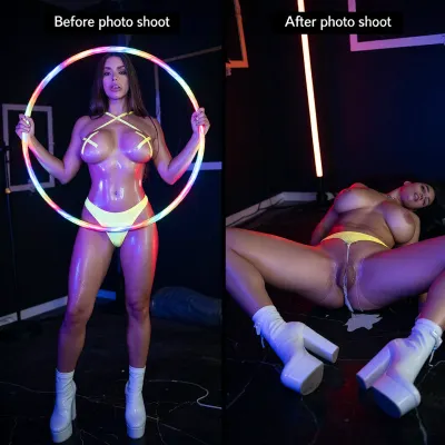 score_9, score_8_up, score_7_up, (same 33yo cheating woman with long hair brunette, two pictures), left picture show a full body shot of an extremely sexy and erotic 33 yo woman in a completely pitch-black room, only illuminated by intense UV blacklight and vibrant neon LED lights, deep darkness everywhere except the glowing neon sources, her skin glowing with purple magenta blue pink purple green and red reflections from the neon, holding a large glowing multicolored neon hula hoop in front of her body with both hands, framing her torso, wearing a glowing yellow micro high-cut thong that shines brightly under the UV light, yellow X-shaped glowing pasties covering her nipples and white high-heeles platform shoes, her massive heavy breasts pressed against the hoop, seductive pose, soft wet shiny skin, erotic atmosphere, cyberpunk neon glow, dark background with abstract neon lines and vertical orange red light tube, dramatic UV lighting only, no other light sources, on top is a black text box reading "Before photo shoot", on right picture same woman lying sleeping exhausted on the floor of the pitch-black room always illuminated by UV blacklight and vibrant neon LED lights with her very huge heavy massive breasts and flat stomatch, only show pussy and legs, her legs are very wide open, her arms are spreaded from the floor of the pitch-black room, on top is a black text box reading "After photo shoot", her pussy is leaking white and thick cum, her head is tilted back to her neck, her head tilts downwards from the on floor of the pitch-black, no face, after brutal sex, her heavy stretched pussy is full of cum, cum on legs, her micro high-cut thongg is pulled down to her ankle, white high-heeles platform shoes, (woman with wide-set splaying outward 34H+ heavy massive breasts), oversized large dark areolae and severe breast ptosis, pierced nipples, pierced navel, pierced clitoris, perfect body, perfect hands, perfect 5 fingers, perfect legs, perfect feet, perfect face, perfect mouth, perfect eyes, generate 8k detailed picture, high res, TTSR2, enhancement, improve rendering quality and accuracy, ultra-realistic with high detail, high detail, maximum resolution, best photo quality, improve anatomy, improve generation quality, Djaissy, improve detailed image quality, sharp image, lifelike texture, NSFW picture