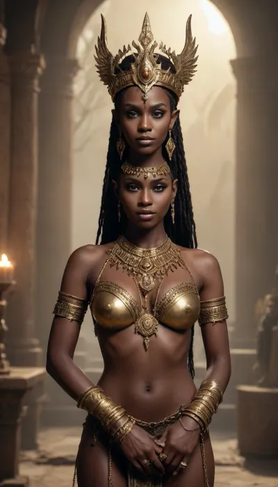 A cinematic scene from an ancient myth. full-body portrait of a black-skinned elf with a thoroughly Russian face and black skin stands naked in the glow of dawn. Her body is adorned with exquisite gold jewelry and patterns reminiscent of ancient symbols of power. On her head is a crown of the finest gold and black beads, radiating a soft glow. Around her neck is a necklace of fangs and plates, and on her wrists are bracelets as if crafted by the gods. Her long ears and face are framed by dangling chains and precious stones, and on her fingers are long dark claws, sharp and beautiful as the night itself. She stands motionless, her arms crossed, like a priestess ready for a ritual. All around is silence and a golden glow, the air filled with magic and the ancient breath of the world. A scene in the spirit of dark fantasy, realistic 4K imagery, soft lighting, mythological atmosphere, inspired by The Elder Scrolls, Dark Souls, and Dune.