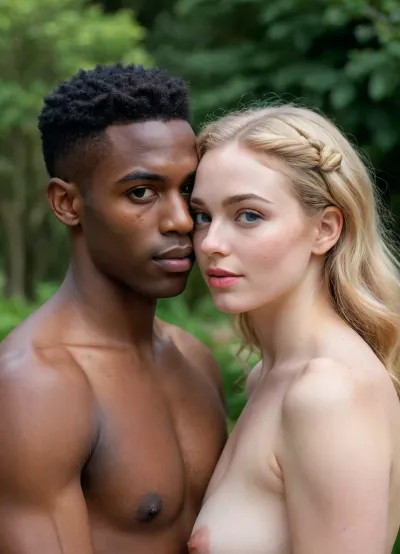 The scene is a lovely rose garden surrounded by a high walls of limestone. Two people are in the garden. Theyx embrace and kiss passionately. The first person is a naked woman of 19 years old. She has long pale blonde hair that curls slightly at the ends. She has very pale white skin, large blue eyes, freckles on her cheeks and chest, eyebrows matching her hair colour. Her cheeks are chubby and her face is slim, slender and very beautiful. She has round large full natural breasts with subtle freckles, slender body with thin waistline. She is completely naked. No underwear. A breeze gently ruffles her hair. The second person is a young black african man wearing a military airforce uniform with medals