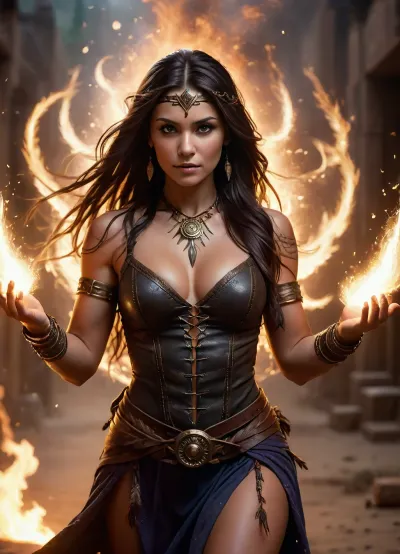 A cinematic fantasy scene featuring a fierce tribal sorceress casting a spell in a storm of glowing embers. Her long dark hair flows wildly as she channels swirling golden energy between her hands, forming a radiant sphere of light. Ancient tattoos and mystical symbols glow faintly on her skin. She wears traditional leather garments adorned with feathers, beads, and bones. The atmosphere is charged with magic — dust and sparks float through the air as the camera circles her in slow motion. Her eyes burn with determination and power. Dramatic lighting, shallow depth of field, ultra-detailed, 4K epic fantasy film aesthetic., <lora:uberfit_lora_sdxl:.5>, <lora:DetailedEyes_V3:.4>