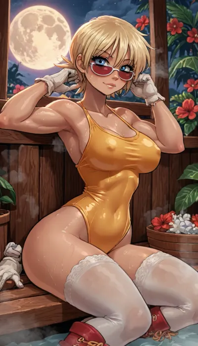 (innv meets jack cayless style), (reiq style, masterpiece, cel-shaded, limited color palette), ((Beautiful Muscles Sexy Seras Victoria from Hellsing anime body:1.4)), ((nighttime, full moon, sauna, Bloodstain, steam, summer, beach, tropical, flowers, plants, background)), (1girl, solo, alone, 21 year old woman), (fairly blonde hair cut into a flare cut), (blue eyes), (gorgeous, seductive face, perfect ads, perfect big breast, muscles are well defined, muscular body, muscular arms, perfect hands, muscular legs, big ass, sweaty body), (tight yellow crisscross one piece swimsuit:1.4), (wearing sunglasses), (long white laced stockings), (white laced gloves), (tall lace boots), (laying down sexy posing sunbathing pose), ultraviolet light, LoL, Style, serasvictoria, tan, seras, victoria, hair, over, one, eye, blue, /, red, eyes, military, uniform, yellow, shirt, gloves, skirt, white, thighhighs, belt, <lora:LCMTurboMix_Euler_A_fix:2>, <lora:mk_Bp Anime_xl:2>, <lora:EnvyBeautyXL02:2>, <lora:SerasVictoriaXLLoRAversion10:2>, <lora:hellsing_serasvictoria_xl:2>