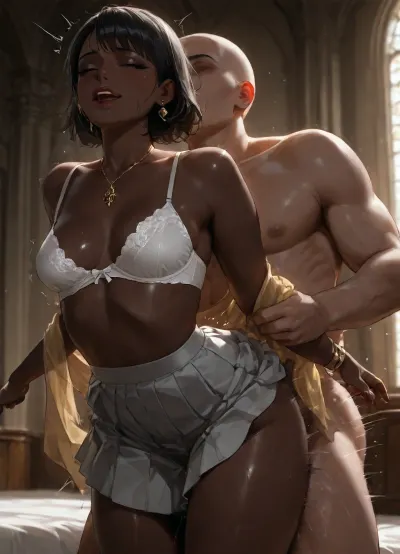 photorealistic, innocent, sexy, (enjoying being fucked from behind by a white man:1.8), (at church), (face like Audrey Hepburn:1.2), (Telugu:.9), (very dark black skin:1.2), (white blouse, white bra, Grey pleated skirt), (long thick black hair:1.2), small breasts, pubic hair, darkness, orgasm, trembling, <lora:dark:.8>, dark, skin, <lora:Darker_skin_SDXL:.8>, Indian, Silk, Lehnga, Sari, Shawl, 1girl, <lora:Anime_Style_Indian_Dresses_Lehnga__Sari:.8>