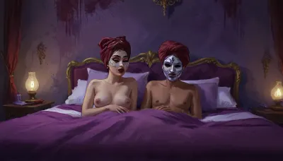 couple having sex on purple bed, both wearing porcelain ornamental masks with burgundy head wraps, (artwork, digital painting, fantasy art, loading screen art style), <lora:SumTim:.1>, <lora:J_cartoon:.2>, <lora:Sinister_Style_SDXL:.1>, <lora:EnvyAnimeDigitalPaintingXL01:.1>