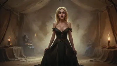 (one woman, yellow elf, mature 40 year old, golden hair, small breasts), (standing inside enclosed medieval beige war tent), (wearing dark medieval dress, open cleavage pulled down exposings breasts with hands), close view above waist, (artwork, digital painting, fantasy art, loading screen art style), <lora:SumTim:.1>, <lora:J_cartoon:.1>, <lora:Sinister_Style_SDXL:.1>, <lora:EnvyAnimeDigitalPaintingXL01:.1>
