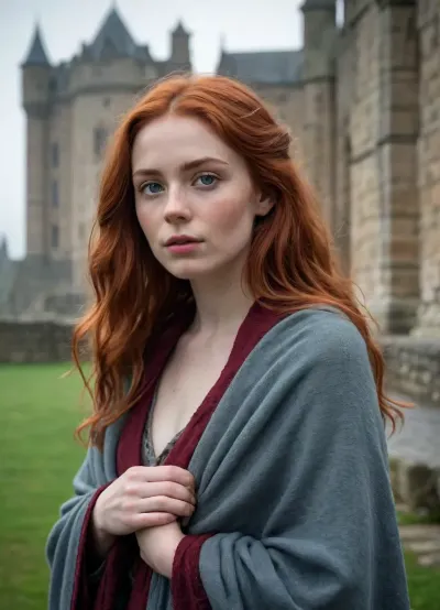 A breathtaking cinematic portrait of a beautiful young Scottish woman with authentic Scottish features, fair, translucent skin, delicate freckles, piercing eyes, and long red hair. She is wearing a cozy vintage wool shawl. She stands against the backdrop of a majestic medieval stone castle, shrouded in a light morning mist. Soft contour lighting, a mystical and atmospheric morning ambiance, ultra-realism, high detail, and photorealism.