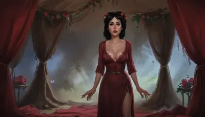 (one woman, french, mature 40 year old, black medium hair, small breasts, flower wreath, sensual smirk), (standing inside enclosed medieval brown war tent), (wearing burgundy medieval dress, open cleavage pulled down exposing breasts, grabbing breasts with hands), daytime, grasslands, close view above waist, (artwork, digital painting, fantasy art, loading screen art style), <lora:SumTim:.1>, <lora:J_cartoon:.1>, <lora:Sinister_Style_SDXL:.1>, <lora:EnvyAnimeDigitalPaintingXL01:.1>
