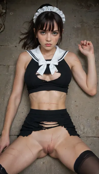 masterpiece, 8k-ultra, indoor, abandoned building, (dim light, dramatic shadow, realistic illumination), solo, Japanese woman, 25 years old, sexy athletic physique, beautiful face, kawaii makeup, black eyes, round eyes, black hair, blunt bangs, high ponytail haircut, white ruffle headdress, well-shaped full breasts, (black cropped tank top, decorated with ruffle and lace), ((sailor collar, white bow tie)), black thigh high stockings, (no skirt, no panties, bottomless), (cheeky expression, glaring), lying down her back on the floor, legs spread, showing pussy, shaved pussy, fat pussy, ((scratches on her dirty skin:1.4)), (torn clothes:1.6), looking at viewer, high angle, 4ng3l, face, <lora:SDXL_BetterFaces-LoRA_v1:.8>