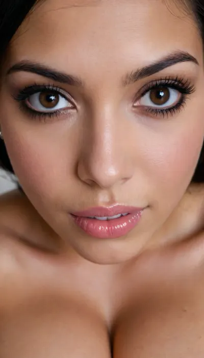 21 YEAR OLD HISPANIC BIMBO SLUT, IN FRONT OF VIEWER, VERY EXTREMELY EXTREMELY CLOSE UP, FACE & BREASTS DIRECTLY IN VIEWERS FACE, FACE TO FACE, DIRECTLY IN FRONT OF VIEWER, LARGE BIG BOOBS, VERY CLOSE UP, BENDING FORWARD, DARK FACE, VERY DARK SKIN, GOOD LIGHTING, LONG NATURAL BLACK HAIR, BIG BLACK EYES, BIG BIMBO LIPS, SMILING, SLUT, PERFECT FACE, LUSTFUL APPEARANCE
