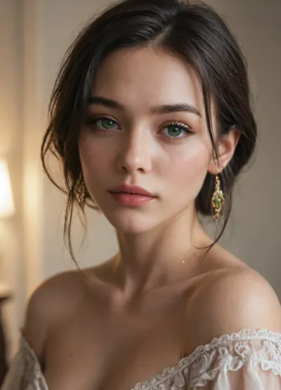 Close-up portrait of an Asian woman with smooth black hair cascading elegantly over her shoulders, wearing a luxurious off-shoulder top in deep emerald green. Her mesmerizing eyes, accentuated by subtle smoky eye makeup, draw the viewer in. Adorned with intricate gold and diamond jewelry highlighting her neckline and ears. Soft, warm lighting enhances her flawless skin tone, creating gentle shadows to add depth. The background is a blurred gradient of dark jade and gold hues, emphasizing elegance and sophistication in a modern, high-fashion style.