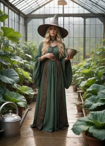 A beautiful female wizard with flowing long blonde hair, standing in a large greenhouse filled with exotic plants. She wears wizard robes, wide brimmed wizard hat on her head, and grips a metallic watering can, pouring water into the jaws of a Chinese Chomping Cabbage. Soft golden sunlight filters through the glass of the greenhouse, casting dappled highlights on the lush green foliage and wet stone floor. Rich earthy greens, warm browns, and metallic silver tones dominate the palette. Detailed textures show fabric folds, glossy leaves, and sharp teeth.