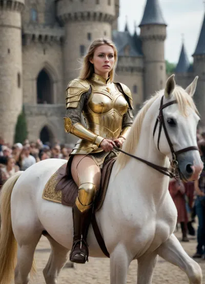 Jean-Dac rides her horse, sword raised, ready for battle, heading toward a castle, her breasts are visible through her golden armor., breasts, cutout, clothing, nipples, <lora:2BoutOvalSDXL2-000002:.8>, <lora:crowd_notrigger:.8>