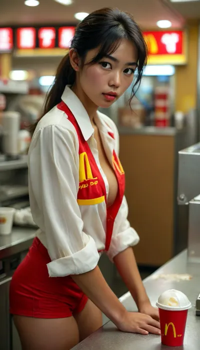 Beautiful young Asian woman working at a McDonald's in 1984, unbuttoned short, McDonald's uniform, 1980s styles and hair, leaning over the counter, cleaning the counter with a rag, plump lips, sweaty, covered in sweat, big ass, ((perky butt)), muscular ass, toned ass, but, downblouse, nipslip, <lora:MJ52:.5>, <lora:BUT_SDXL_SHS:.5>, <lora:RealDownblouseXL2:.8>