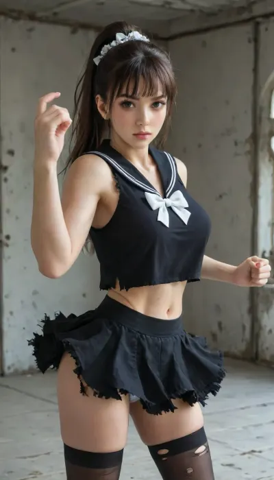 masterpiece, 8k-ultra, indoor, abandoned building, (dim light, dramatic shadow, realistic illumination), solo, Japanese woman, 25 years old, sexy athletic body, beautiful face, kawaii makeup, black eyes, round eyes, black hair, blunt bangs, high ponytail haircut, white ruffle headdress, well-shaped full breasts, (black cropped tank top, decorated with ruffle and lace), ((sailor collar, white bow tie)), (white panties), (black ballet tutu skirt, micro-mini:1.3), black thigh high stockings, standing, karate fighting pose, clearly visible panties, (torn and ripped tank top and skirt:1.4), looking at viewer, 4ng3l, face, <lora:SDXL_BetterFaces-LoRA_v1:.8>
