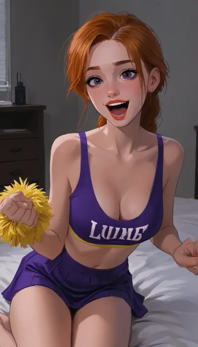 Humiliating scene of a woman laughing at man, man and woman in a bedroom, Sexy ginger cheerleader in opulent bedroom, woman is laughing and pointing at the man with a small limp dick, laughing at a small dick, pointing at the man, man with small flacid penis, humiliation, cleavage, (hyper detailed), (violet eyes), (SamDoesArts:.9), drawing, (J_cartoon:1.3), (incase:.5), <lora:SDXLSamDoesArts:.5>, <lora:mk_Bp Anime_xl:.2>, <lora:EnvyAnimeDigitalPaintingXL01:.1>, <lora:ratatatat74-000050:.1>, <lora:J_cartoon:.1>
