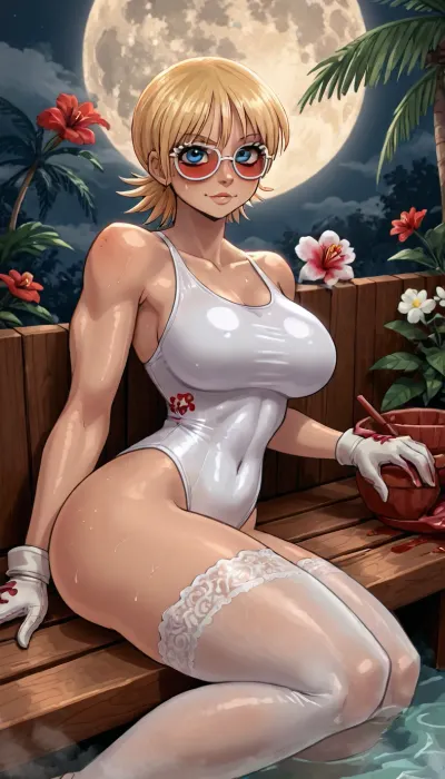 (innv meets jack cayless style), (reiq style, masterpiece, cel-shaded, limited color palette), ((Beautiful Muscles Sexy Seras Victoria from Hellsing anime body:1.4)), ((nighttime, full moon, sauna, Blood, steam, summer, beach, tropical, flowers, plants, background)), (1girl, solo, alone, 21 year old woman), (fairly blonde hair cut into a flare cut), (blue eyes), (gorgeous, seductive face, perfect ads, perfect big breast, muscles are well defined, muscular body, muscular arms, perfect hands, muscular legs, big ass, sweaty body), (tight white crisscross one piece swimsuit with blood spotes:1.4), (wearing red sunglasses), (long white laced crisscross swimsuit stockings with blood spots), (white laced summer gloves with blood spots), (tall lace summer high heel with blood spots), (laying down sexy posing sunbathing pose), ultraviolet light, LoL, Style, serasvictoria, tan, seras, victoria, hair, over, one, eye, blue, /, red, eyes, military, uniform, yellow, shirt, gloves, skirt, white, thighhighs, belt, <lora:LCMTurboMix_Euler_A_fix:2>, <lora:mk_Bp Anime_xl:2>, <lora:EnvyBeautyXL02:2>, <lora:SerasVictoriaXLLoRAversion10:2>, <lora:hellsing_serasvictoria_xl:2>