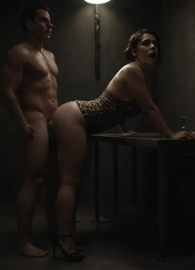 Prison cell, jail bars, handcuffed 40-year-old woman, slightly plump, wearing a leopard print summer dress with straps, a very short dress, high heels, black hair in a bun. A uniformed police officer fucks her on a table in the prison living room, rough sex, anal sex, A large cock can be seen in the woman's ass.standing doggy style, on the table, creampie, pressed against the table, woman screaming, moaning, handcuffed, leaking cum, full body visible, low lighting, illuminated by a flashlight, concept, art, realistic, dark, theme, low, light, <lora:CuteLora:1.5>, <lora:FD_XL_ENF:1.2>, <lora:dark:1.5>, <lora:Concept Art DarkSide Style LoRA_SeaArt Furry XL 1.0:.8>