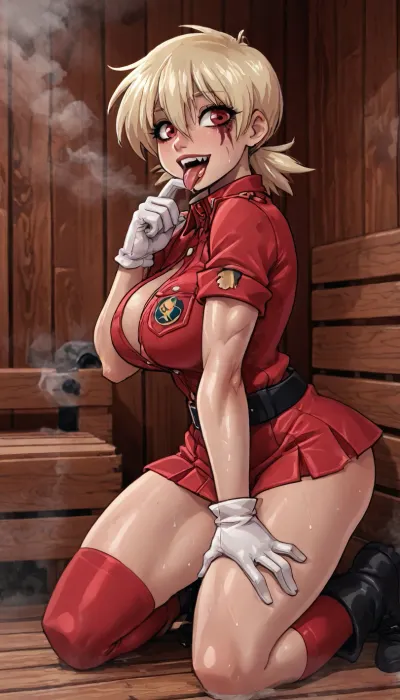 (innv meets jack cayless style), (reiq style, masterpiece, cel-shaded, limited color palette), ((Beautiful Muscles Sexy Seras Victoria from Hellsing anime body:1.4)), (sauna, steam, sauna background:1.2), (1girl, solo, alone, 21 year old woman), (fairly blonde hair cut into a flare cut), (vampire), (red eyes), (has open mouth with bloody vampires fangs teeth has blood dripping of tongue out), (gorgeous, seductive face, perfect ads, perfect big breast, muscles are well defined, muscular body, muscular arms, perfect hands, muscular legs, big ass, sweaty body), (tight blood red Hellsing uniform with a short skirt), (white gloves with dripping bloody), (long red stockings with blood), (one black belt), (tall brown boots with blood), (All fours), ultraviolet light, LoL, Style, serasvictoria, tan, all, fours, arching4s, <lora:LCMTurboMix_Euler_A_fix:1.5>, <lora:mk_Bp Anime_xl:1.5>, <lora:EnvyBeautyXL02:1.5>, <lora:SerasVictoriaXLLoRAversion10:2>, <lora:arching4s:1.9>
