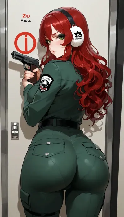 Background shooting gallery, outside, far awy target on the wall.

young, pointed big tits, dark red wavy hair, green eyes, heavy Make-up, cate-eye Mascara, necklace, she is wearing soldier uniform, she's wearing shooting earmuffs, she hold a P8 pistole in her hand, she is aiming at the target, backside, show ass