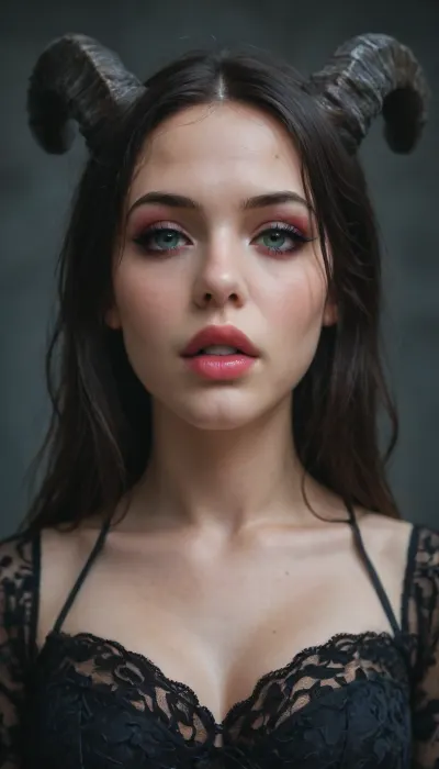 (body view:1.8), Pale-skinned demon girl, iridescent coloring, holographic effect, risqué black lace blouse with a chromatic sheen, very deep neckline, large lace details, Gothic background, (long straight horns:1), beautiful mixed-race girl, highly detailed face, ample bust, lovely face, small nose, large mouth, full lips, defined cheekbones, (makeup:1.5), voluminous hair, black hair, ultra-detailed image., <lora:EnvyZoomSliderXL01:2>, <lora:EnvyInfernalXL01:.8>, <lora:pale_demon:.8>