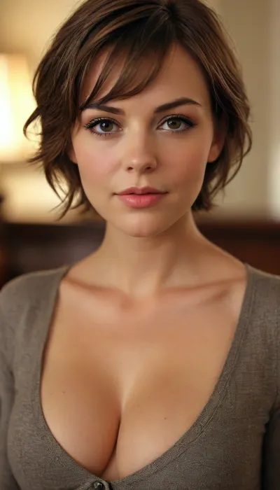 A young boss bitch with gorgeous cleavage, short brown hair, firm round tits, smirking, stern look, <lora:Cleave:.8>, <lora:MJ52:.8>