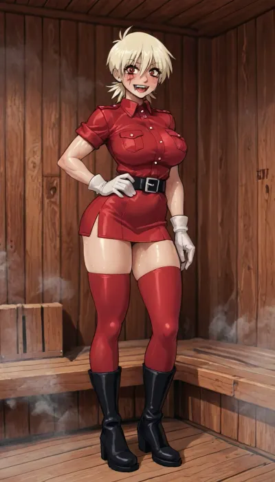 (innv meets jack cayless style), (reiq style, masterpiece, cel-shaded, limited color palette), ((Beautiful Muscles Sexy Seras Victoria from Hellsing anime body:1.4)), (sauna, steam, sauna background:1.2), (1girl, solo, alone, 21 year old woman), (fairly blonde hair cut into a flare cut), (vampire), (red eyes), (has open mouth with bloody vampires fags teeth), (gorgeous, seductive face, perfect ads, perfect big breast, muscles are well defined, muscular body, muscular arms, perfect hands, muscular legs, big ass, sweaty body), (tight blood red Hellsing uniform with a short skirt), (bloody white gloves), (long bloody red stockings), (one black belt), (tall bloody brown boots), (standing posing), ultraviolet light, LoL, Style, serasvictoria, tan, <lora:LCMTurboMix_Euler_A_fix:2>, <lora:mk_Bp Anime_xl:2>, <lora:EnvyBeautyXL02:2>, <lora:SerasVictoriaXLLoRAversion10:2>, <lora:Gina_Pool:2>