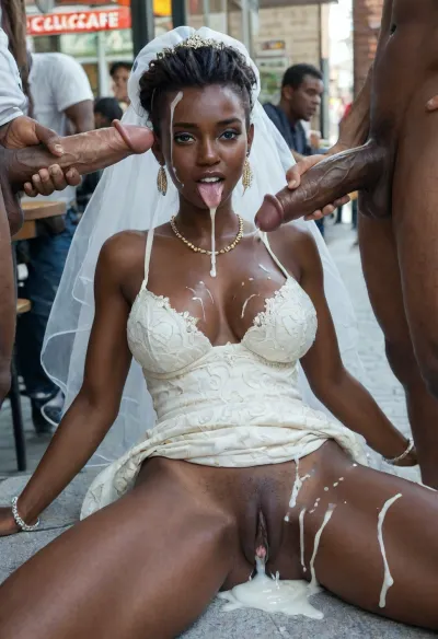 (3boys staying around:1.5), open mouth, orgasm look, (laying outside in the street cafe:1.8), (beautiful African bride:1.5), (traditional African bride costume:1.8), purple lipstick, golden blue eyeshadow, light golden eyes, purple eyeliner, long pigtails, cock sucking, cock licking with her tongue, cum runs out of mouth, cum bursting out of dick, tongue sticking out, oral cumshot, (exploding cumshot:1.5), projectile cum, cum on tongue, (giant ejaculating cock:1.5), (massive cumshot:1.8), fullbody, low angle view, (face and hair cum covered:1.8), clothes cum covered, nice natural breast, (ejaculating giant penis:1.9), bukkake, facial