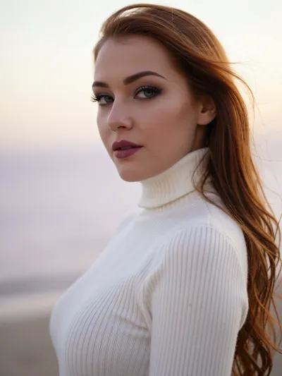 An intimate portrait of a beautiful woman with an ethereal, soft-focus aesthetic, defined by diffused light. She wears a snug luxurious ivory white turtleneck sweater flatteringly hugging her slender waist.

Long feathery eyelashes with thick winged eyeliner frame her deep green eyes.
Her dark smokey eye shadow matches the rich purple hues of the deep sunset.
Her soft lips are a dark matte plum. She has high sharp elegant cheekbones and flawless radiant skin.
Her long luxurious redhead hair blows softly in the wind.

The scene is enveloped in a powerful but diffused golden-hour glow which creates a luminous light bloom on her skin, dissolving sharp edges in an ethereal haze. The background is a very blurred, dreamlike pastoral pastel lavender-gray coastal sky, soft and bright. Soft focus on her eyes.
The overall mood is an serene contemplation. Shallow depth of field, subtle film grain, light leaks, vintage analog lens. This is a high-key photograph.
The subject is anchored to the right side of the image, using the rule-of-thirds compositional technique.
The image captures extreme realistic details including sharp limbal rings and fine vellus hairs.